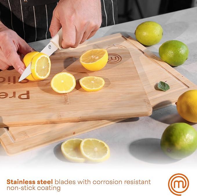 MasterChef Kitchen Knife Set with Covers, 6 Professional Chef Knives for Home Kitchens, Extra Sharp Cutting Stainless Steel Blades & Protective Sheaths, Soft-Touch Easy-Grip Handles, Earth Greys