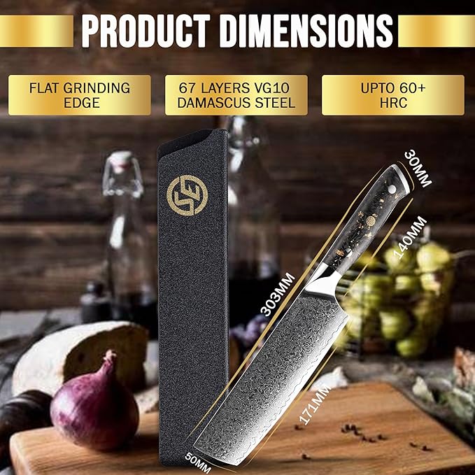 SliceElite Elite Series 7 Inch Nakiri Knife Damascus VG10 Core Forged Carbon Fiber Handle Polymer Guard Japanese Chef Vegetable Chopping Cleaver Kitchen Knife Sharp Cutting Cooking Tomato Butcher Tool