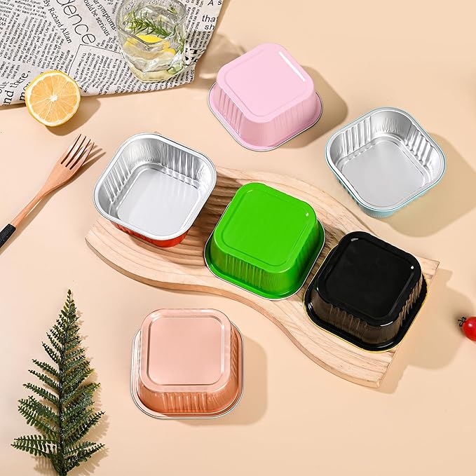 Mini Cake Pans With Lids (10oz,40 Pack) Aluminum Foil Square Cupcake Liners Brownie Baking Cups,Disposable 4”x4” Large Cupcake Pan,Jumbo Muffin Tin Ramekins Holders