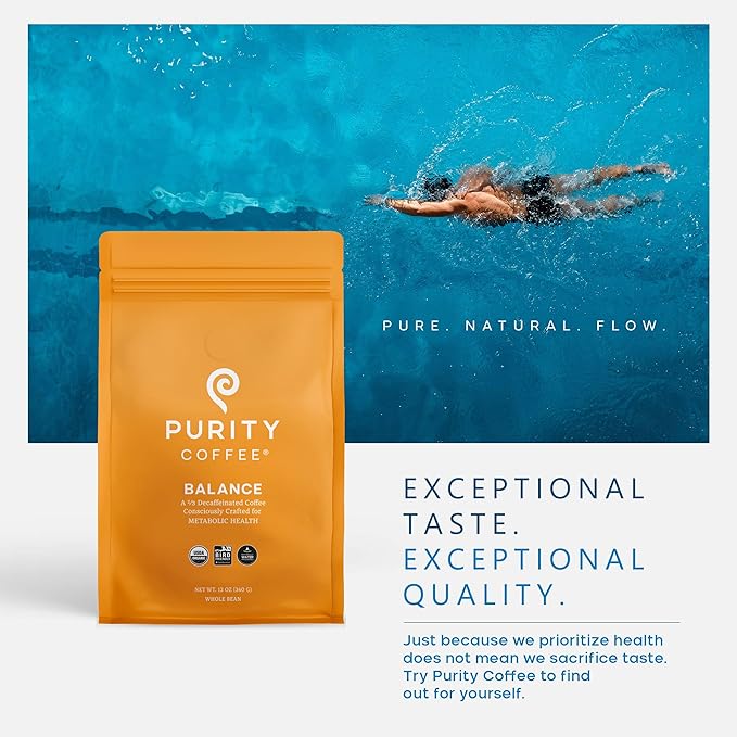 Purity Coffee BALANCE 2/3 Decaf Medium Roast Ground Coffee (12oz Bag) - Specialty-Grade Mountain Water Processed Decaf + Regular Arabica Blend- USDA Certified Organic Decaffeinated - Third Party Tested for Mold, Mycotoxins, Pesticide Residue