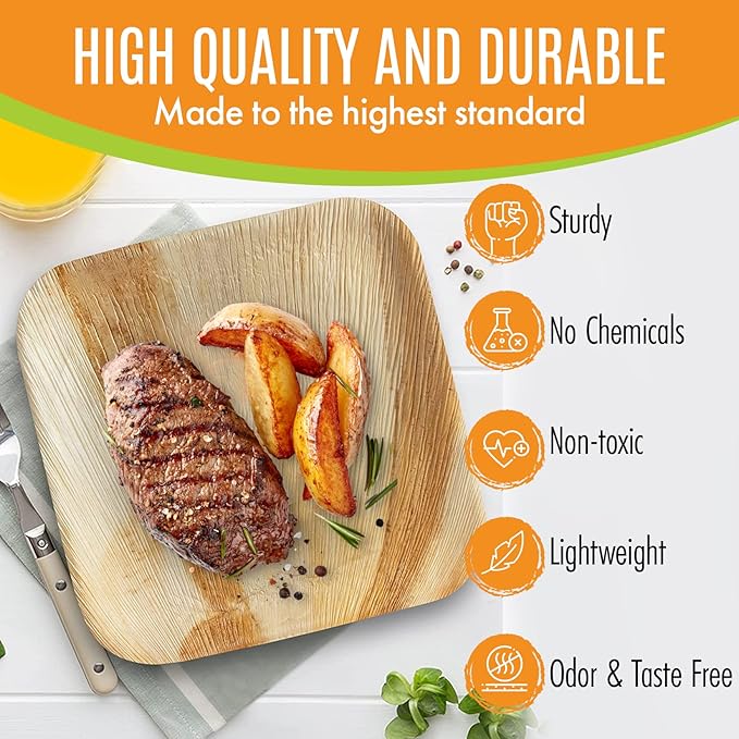Raj Palm Leaf Plates Bulk [50-Pack] 10" & 7" Square Plates (20 CASES - 1000 PACK) like Bamboo plates Disposable, Strong, Decorative Compostable Tableware for weddings, Lunch, Dinners