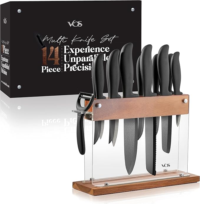 Vos Ceramic Knife Set With Block - 13-Piece Ceramic Knives Set For Kitchen, Includes Chef, Santoku, Bread Knives, Steak Knives, Peeler & Elegant Wooden Block - Ultra-Sharp, Dishwasher safe,Lightweight