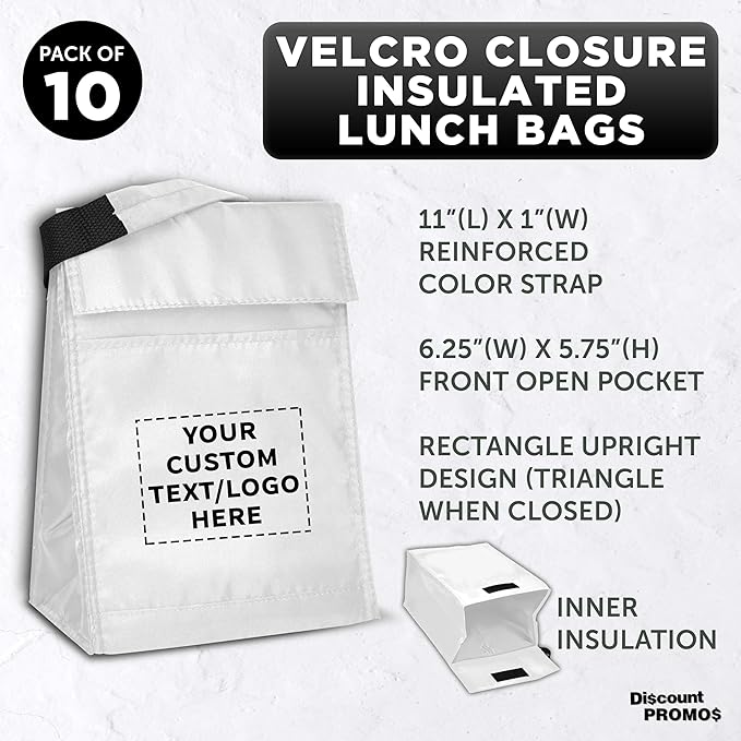 DISCOUNT PROMOS 10 Hook and Loop Insulated Lunch Bags Set - Customizable Text, Logo - Polyester, Durable, Vibrant, Reusable - White