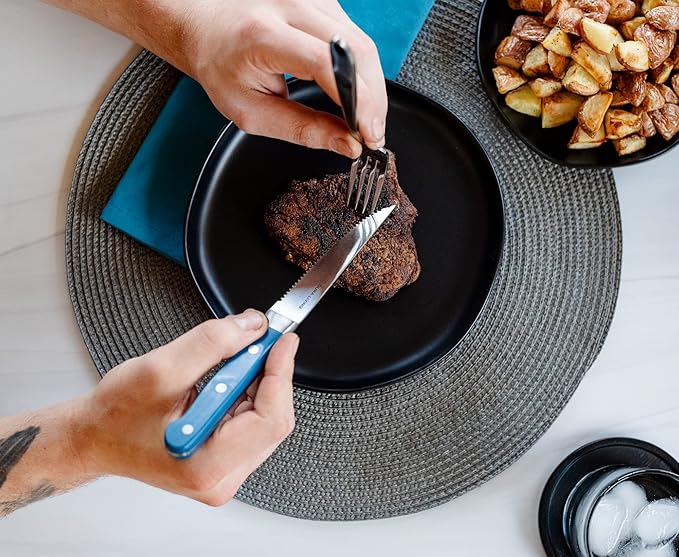 DURA LIVING Premium 4-Piece Steak Knife Set – Sharp Serrated Blades, Forged High Carbon Stainless Steel, Full Tang, Ergonomic Handle, Royal Blue – Ideal for Dining & Entertaining