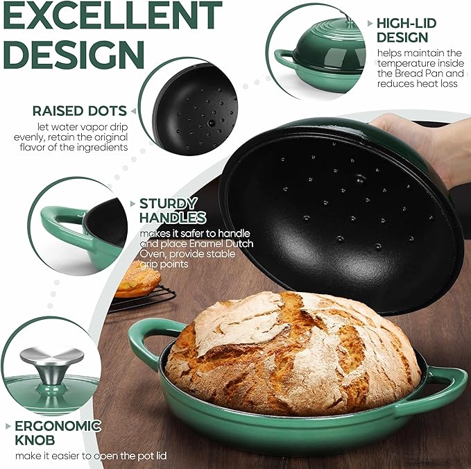 E-far Dutch Oven for Sourdough Bread Baking, 6 Qt Round Enameled Cast Iron Dutch Oven for Homemade Artisan Bread, Dome Lid & Shallow Base, Matte Black Interior & Durable, Oven-Safe to 500℉, Dark Green