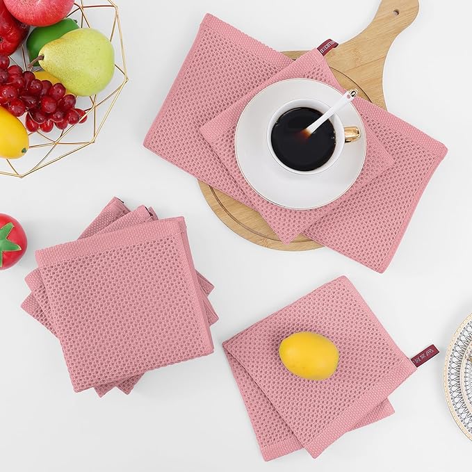 Homaxy 100% Cotton Waffle Weave Kitchen Dish Cloths, Ultra Soft Absorbent Quick Drying Dish Towels, 12 x 12 Inches, 8-Pack, Dried Rose