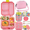 Itslife Bento Lunch Box Set for Kids with 12oz Soup Thermo&Lunch Bag, Leak-Proof Lunch Food Containers for Kids School, 5 Compartment, Sauce Cup, 10 Notes (Mermaids Pink)