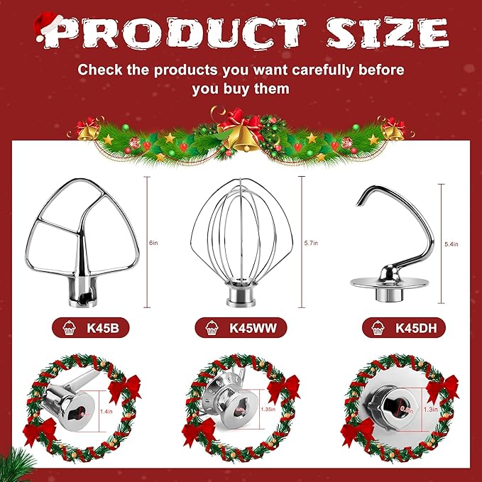 Stainless Steel Kitchen Mixer Accessories K45DH Coated Dough Hook&Kitchen Mixer Attachments K45b Coated Flat Beater&K45WW Wire Whip Compatible for 4.5 QT Tilt-Head Stand Mixer-MIFLUS