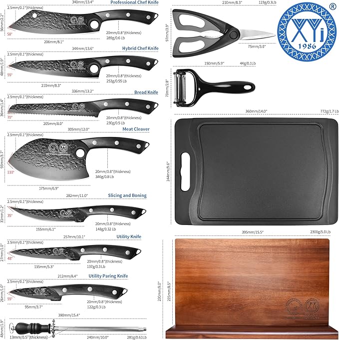 XYJ Kitchen Knife Set with Magnetic Knife Block,Cutting Board,Scissors,Honing Steel,Professional Knife Block Set,High Carbon Steel Blade,Meat Cleaver,Full Tang,Wood Handle