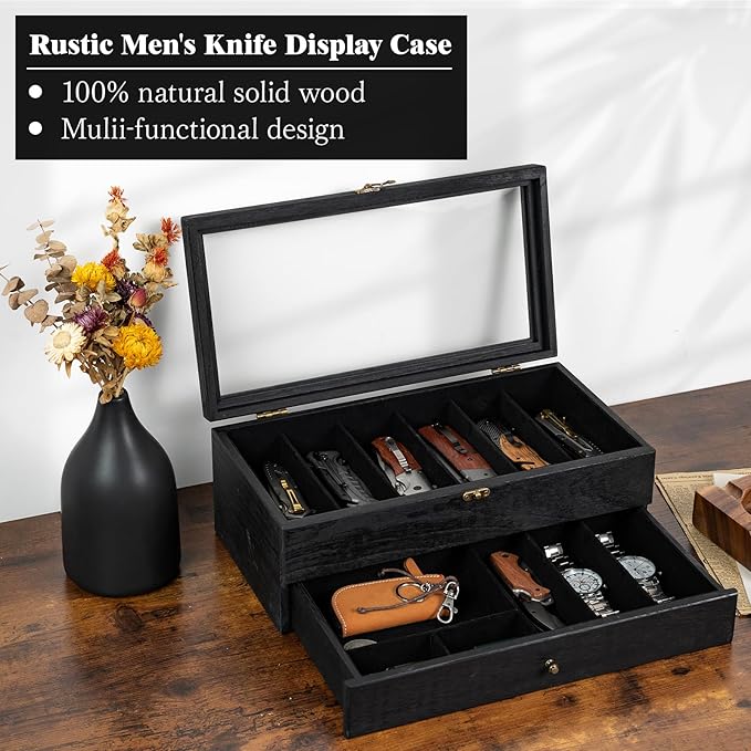 Knife Display Case, 2-Layer Pocket Knife Case Display & Storage Knives, Solid Wood Knife Case for Collections, Gift for Boyfriend Fathers Day Birthday Gifts(Black)