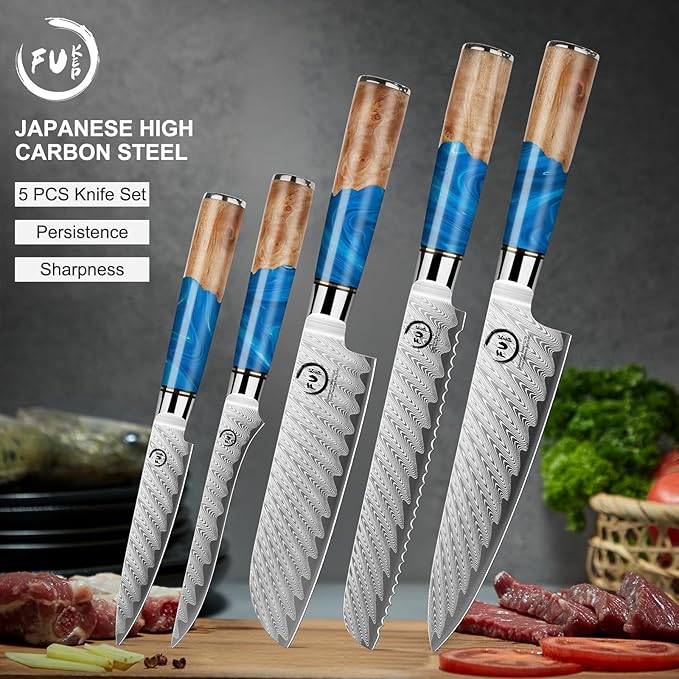 5 Piece Damascus Knife Set, Professional Japanese Knife Set with Japanese VG 10 Steel Core, Blue Resin Handle, Includes Chef, Santoku, Bread, Boning & Paring Damascus Knives in Gift Box