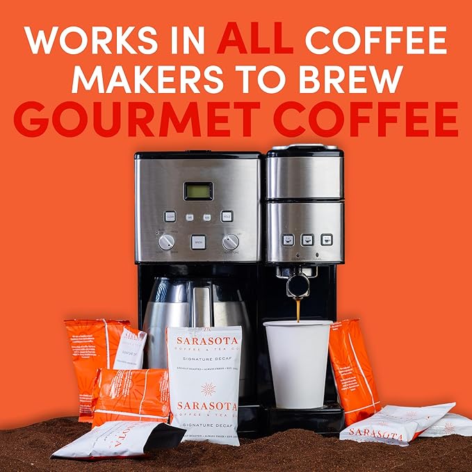 Sarasota Coffee Ground Packets | Gourmet Decaf Medium-Dark Roast Ground Coffee Packs | Decaf | Low Acid Mold Free Individual Single Pot Pouches for 12 Cup Coffee Maker | 2 Ounce Bags, 12 Count