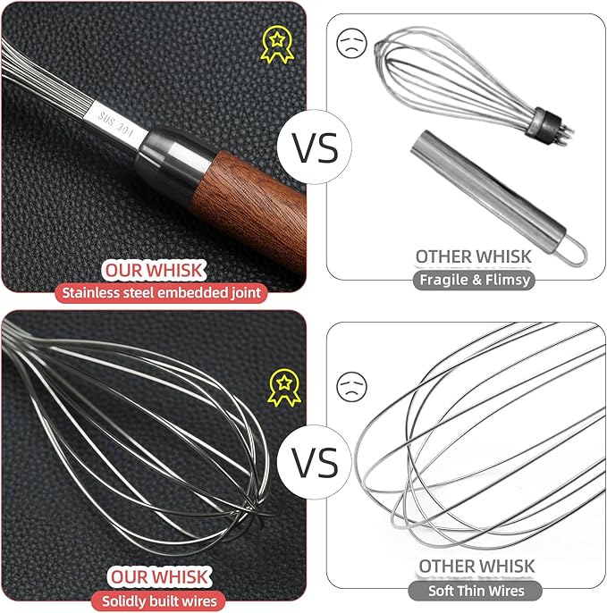 Stainless Steel Wire Whisk for Cooking- Wooden Handle Kitchen Multi Function Non Stick Balloon Whisk Egg Beater for Blending Whisking Beating Frothing Stirring Batters (9"L x 1.8"W)