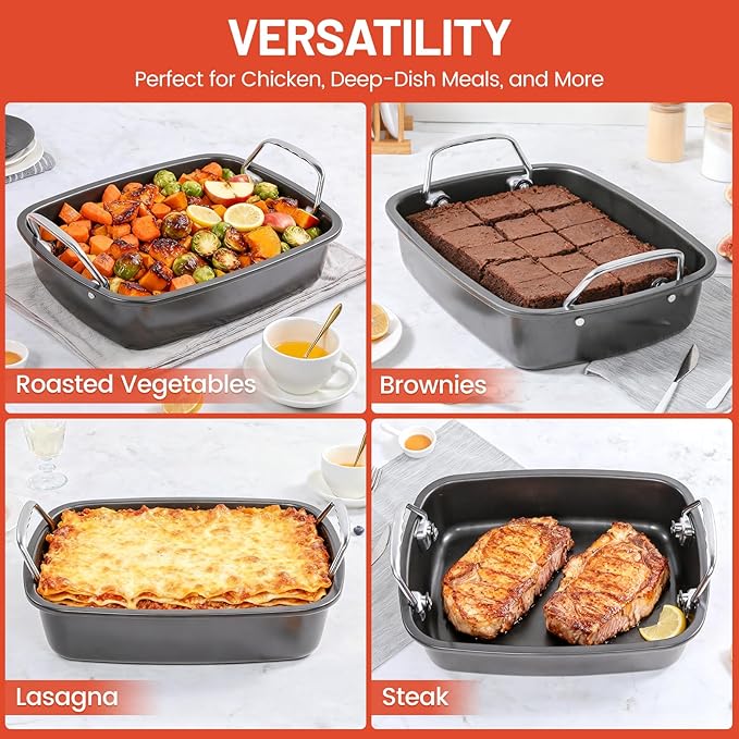 24lb Carbon Steel Nonstick Roasting Pan with Rack - BPA Free, Leak-Proof, 450°F Heat Resistant (17x13x4in) | Oil-Draining, Dishwasher Safe for Thanksgiving Christmas Turkey