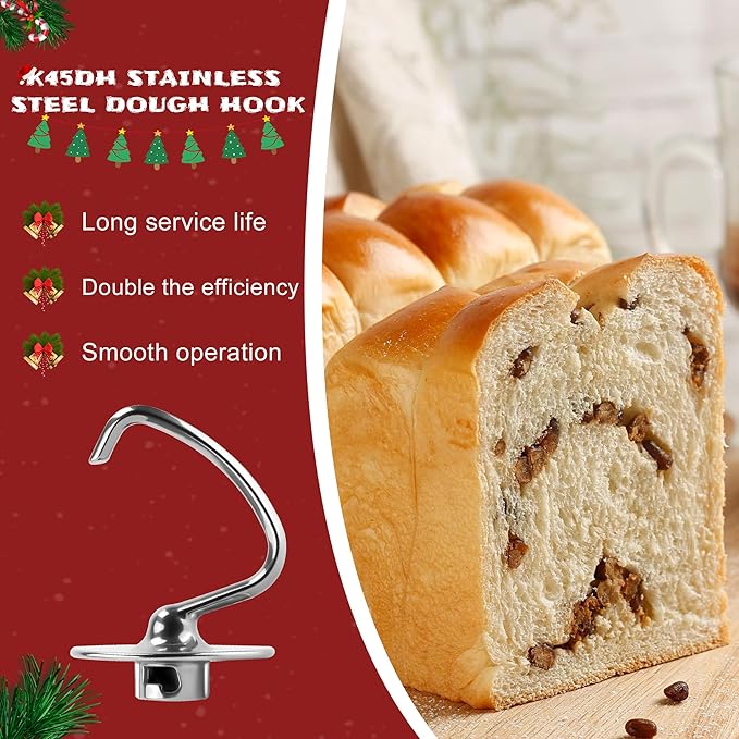 𝐒𝐭𝐚𝐢𝐧𝐥𝐞𝐬𝐬 𝐒𝐭𝐞𝐞𝐥 𝐊𝟒𝟓𝐃𝐇 Bread Dough Hook 4.5/5.0 QT kitchen mixer attachment,Bread Dough Hook K45DH Replacement for K45 K45SS KSM90 KSM150 KSM5 KSM500 Maker Attachment- by MIFLUS