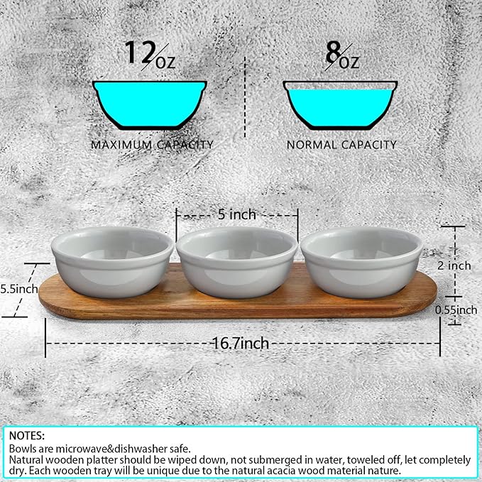 Artena 12 oz Solid Ceramic Chip and Dip Serving Set with Acacia Wooden Tray, 5-inch Grey Dipping Bowls, Small Serving Bowls for Side Dishes, Salsa, Appetizer, Serving Dishes for Entertaining