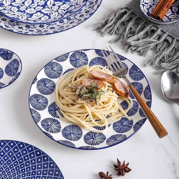 Selamica Ceramic Dinnerware Sets for 6, 24 Piece Plates and Bowls Sets, Highly Chip and Crack Resistant Dishes Set-Dishwasher & Microwave & Oven Safe, Vintage Blue