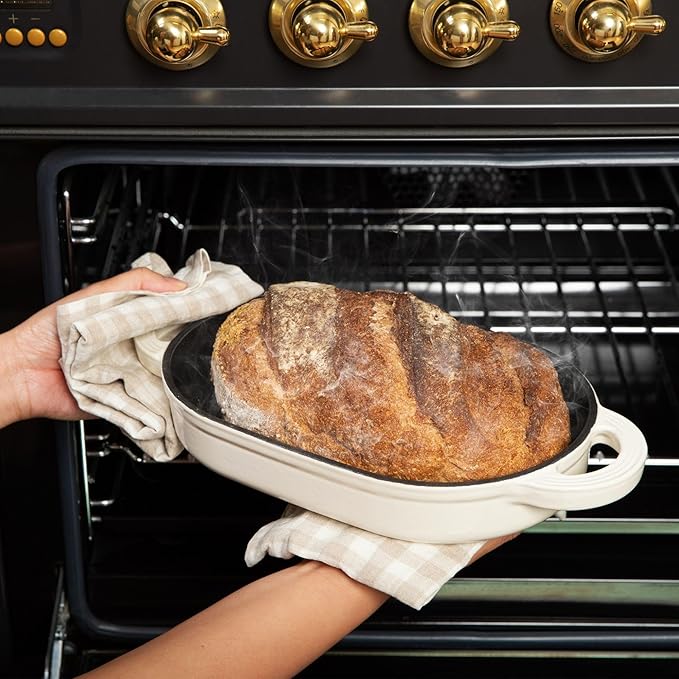 TOMO Cast Iron Oval Bread Oven, 10" x 6.5" - Rustic Dutch Oven Bread Cloche with Steam Circulating Lid for Perfect Sourdough
