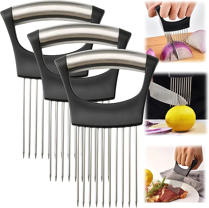 2025 Upgraded Onion Slicer, Onion Holder Chopper for Slicing, Chopper Slicer Assistant Tool, Cutter for Slicing of Meat, Potato, Tomato Kitchen Gadgets (3, Black)