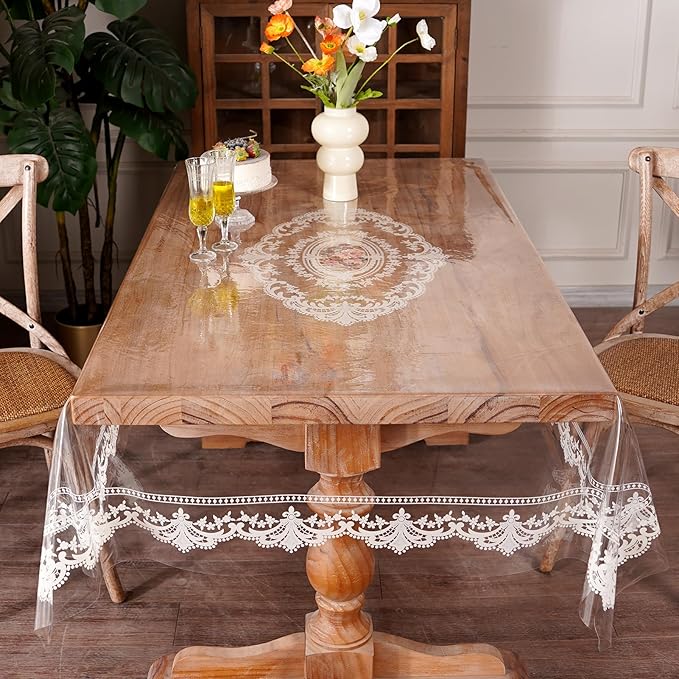 Waterproof Clear Table Cover Protector, Vinyl Rectangle Table Cloth with Lace Pattern Oil Spill Proof Wipe Clean Plastic Tablecloths for Dining Tables (French Lace, 52 x 70 Inches)