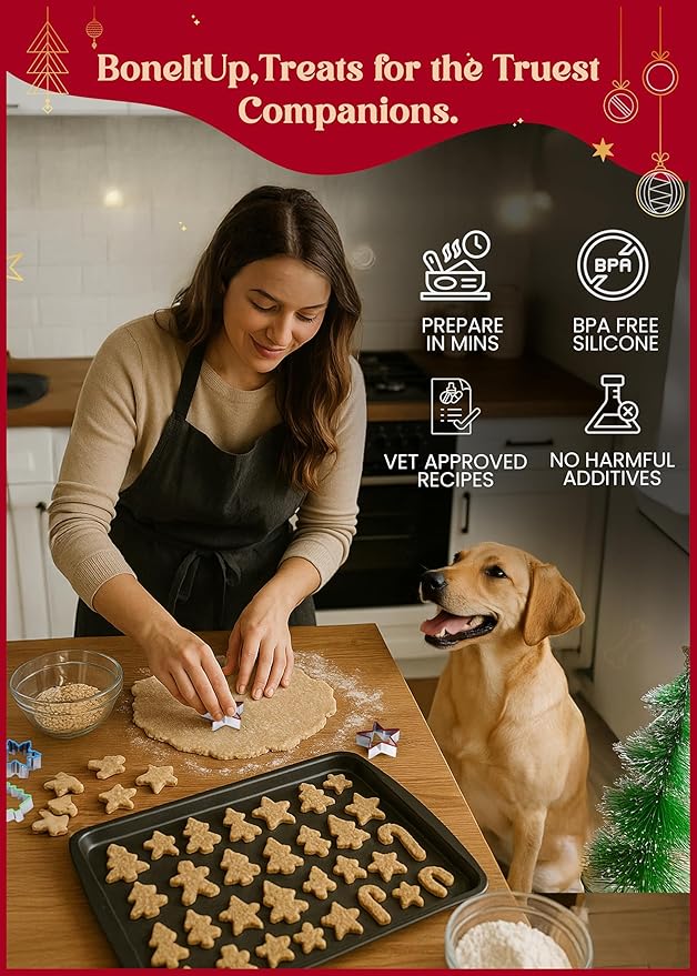 Dog Treat Kit for Christmas – 2 Silicone Christmas Edition Cookie Molds, 5 Cookie Cutters, 10 Recipes, Bow, Dog Hat, 4 Decorating Balloons, Decorating Pen – Ideal DIY Kit for Dogs Lover