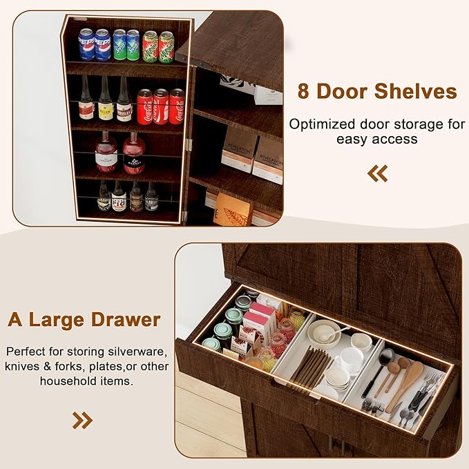 72" Tall Storage Cabinet, Kitchen Pantry Cabinet with Adjustable Shelves & Sturdy Steel Frame, Farmhouse Pantry Storage with 4 Barn Doors for Kitchen, Dining Room, and Living Room, Dark Grey