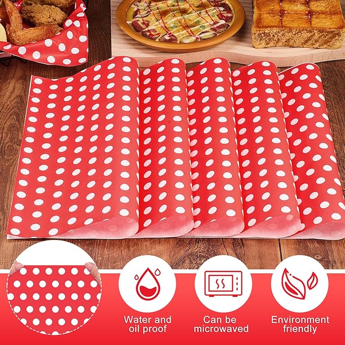 Fulmoon 300 Sheets Waxed Deli Paper Sheets for Food 12 x 12 Inch Polka Dot Dry Wax Paper Greaseproof Food Basket Liners Sandwich Wraps for Wrapping Bread Baking BBQ Picnic Party (Red)