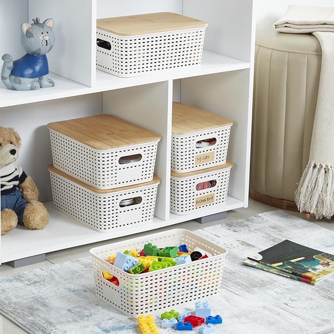 Small Plastic Storage Bins with Bamboo Lids 5.2qt Stackable Box Basket Pantry Decorative Containers Cute with Lable for Organizing Desktop Closet Office Cream White of 6 packs 10*7.2*4.1'’