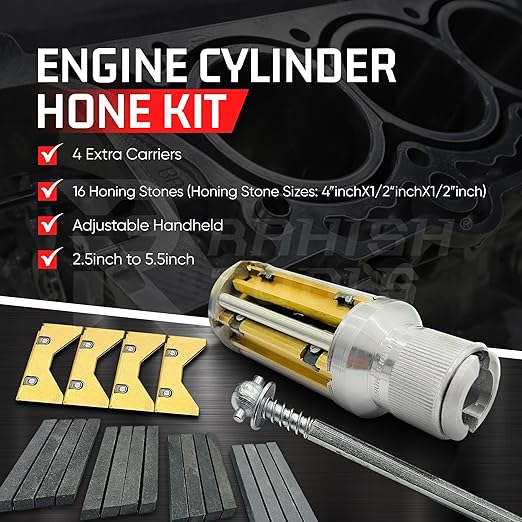 Engine Cylinder Hone Kit 2.5" to 5.5" with 4 Extra Carriers Adjustable Handheld Honing Machine Tool Kit with 16 Stones Sizes 4" x1/2" x1/2" - Works for Mid-Size to Larger Car Engines