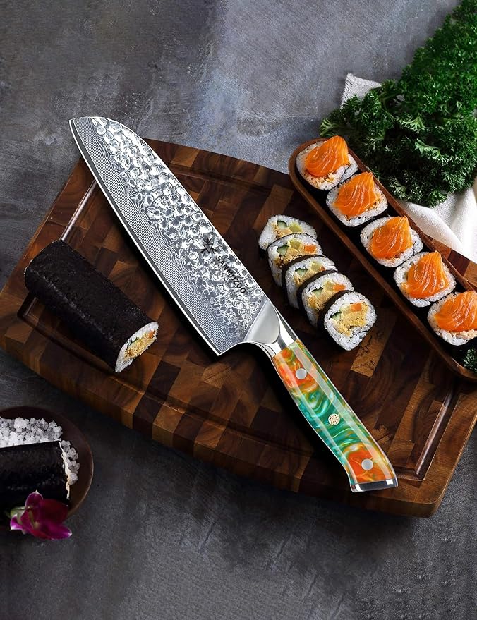 7" Santoku Knife - Japanese Chef Knife - Hammered Damascus Steel & Resin Handle - YAO Series