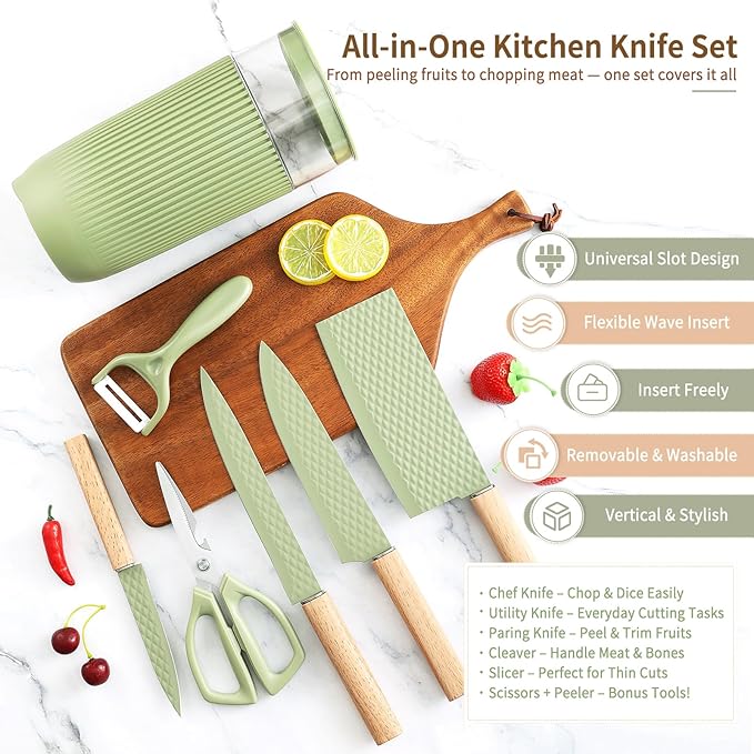 Knife Set, 7-Piece Kitchen Knife Set with Sharp Chef and Meat Knives, Anti-Rust Utility Knives Set for Kitchen, Kitchen Knife Block Set （Green）