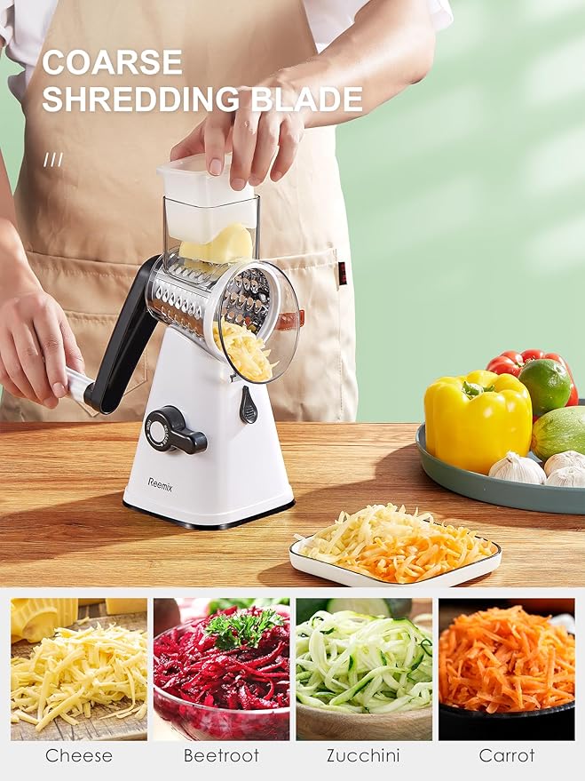 Rotary Cheese Grater with Handle, Reemix Vegetable Cheese Shredder Slicer Grater for Kitchen 3 Changeable Blades for Cheese Potato Zucchini Nuts Chocolate (White)