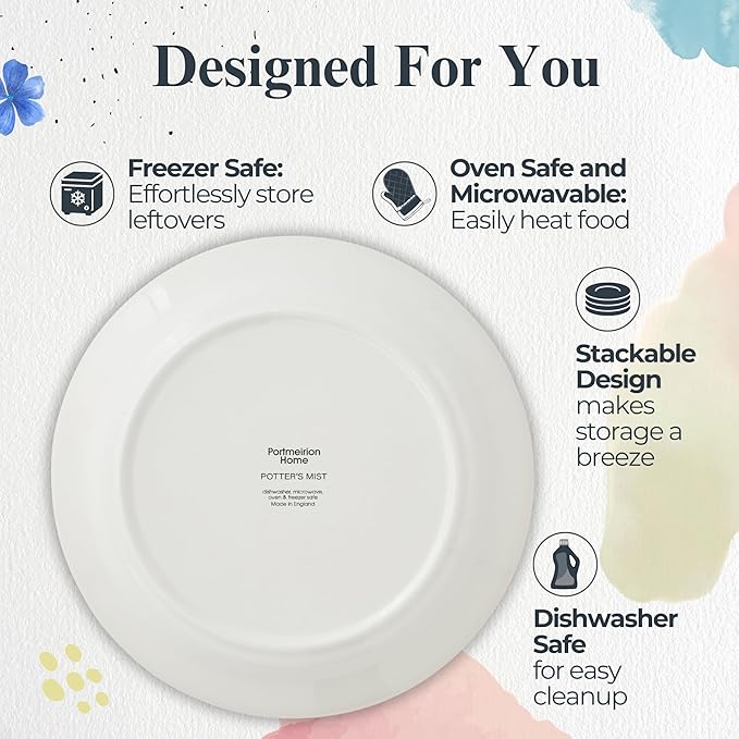 Portmeirion Potter's Mist 10.5" Dinner Plate (Set of 4) - Handcrafted Earthenware Plates with Red Accent Rim, Microwave & Dishwasher Safe - Ideal Tableware for Modern & Traditional Dining (Red Mist)