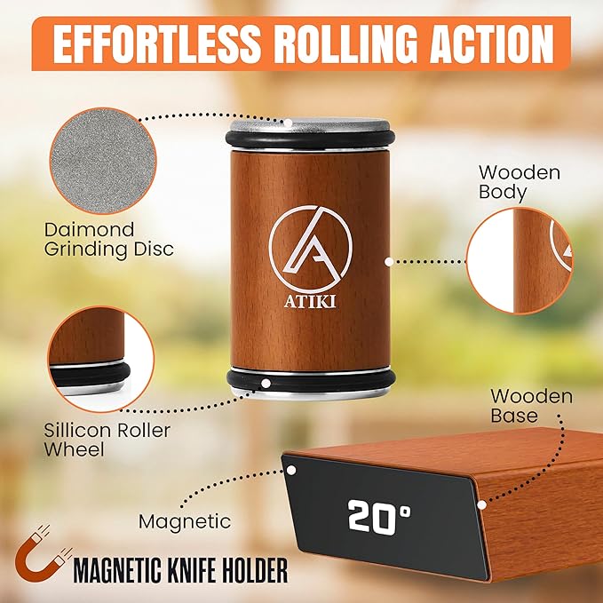 ATIKI Rolling Knife Sharpener with Finger Guard, Diamond & Ceramic Discs, 15°/20° Magnetic Angles & Leather Strop, Professional Knife Sharpening Kit for Dull Knives