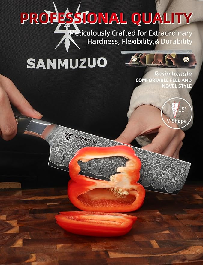 Kitchen Nakiri Knife 7 Inch, Professional Kitchen Chef Knife, Ultra Sharp Damascus Powder Steel with Full-tang Resin Handle, Bi Series