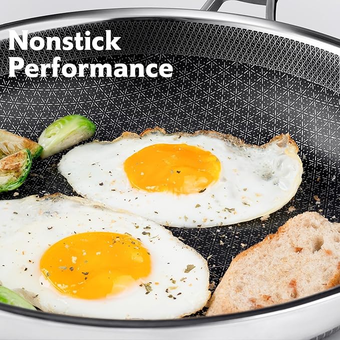 Frying Pan with Lid, 12 Inch Hybrid Non Stick Stainless Steel Skillets, Dishwasher Induction Oven Broiler Safe, Non Toxic Chef's Pan, PFOA Free Cookware