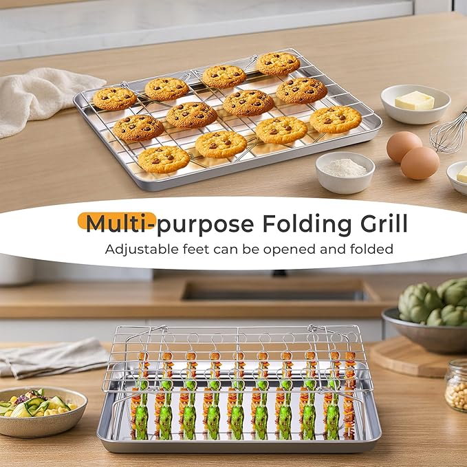 P&P CHEF 16 Inch Baking Cookie Sheet with Rack, 15.4 Inch Air Fryer Basket for Oven, Stackable Rack & 36 Skewers for Cooling, Baking, Roasting, Multifunctional and Utility Set for Kitchen