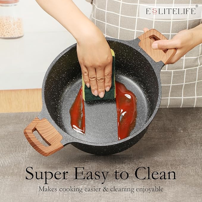 ESLITE LIFE Nonstick Stock Pot with Lid, 3 Quart Granite Casserole Small Soup Pot Pasta Cooking Pot, Induction Compatible, PTFE & PFOA Free, Black