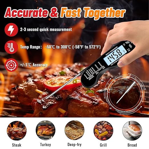 Meat Thermometer, IP67 Waterproof Digital Meat Thermometer with Backlight, Hold Function & Magnet for Grill, BBQ, Candy, Beef,Turkey，Gadgets Essentials BBQ Accessories,Mens Stocking Stuffers