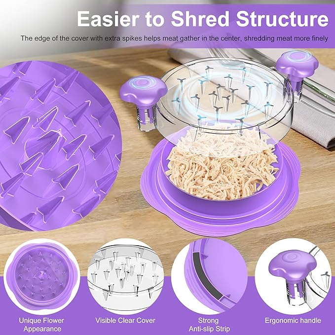 Chicken Shredder Large Chicken Breast Shredder Tool Twist with Brush&Fork, Visible Meat Shredder Machine, Anti-Slip Strip, Ergonomic Handle, BPA Free, Suitable for Pork Beef Chicken(Purple)