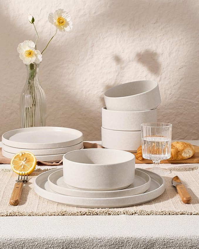 Famiware Nebula Plates and Bowls Sets, 12 Pieces Stoneware Dinnerware Sets, Reactive Glaze Dish Set, Dishes Set for 4, Matte Beige White