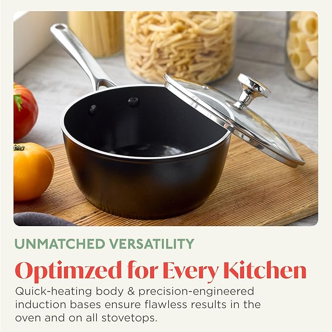 Orfeo 2.4QT Nonstick Saucepan with Lid, Made in Italy, Diamond Ceramic PFAS-Free Cookware, Induction Ready, Scratch Resistant, Laser-Fused Surface for Durability, Dishwasher Safe, Black