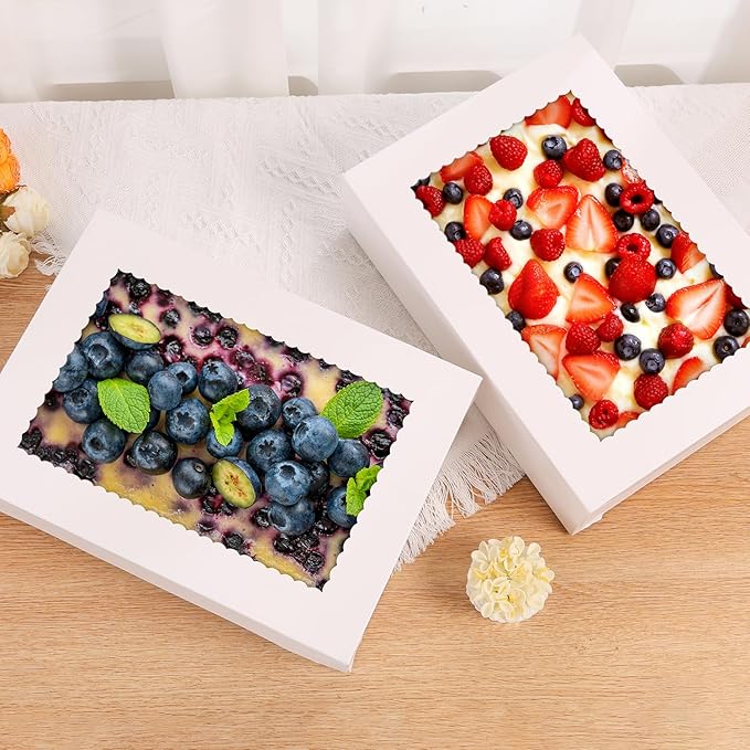 16pcs 14x10x4 inch Cake Boxes with Window，White Rectangle Sheet Large Bakery Boxes for Pastry Dessert Cake, Cupcakes Donuts Cookies Pie Treat Packaging