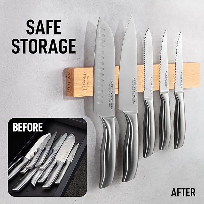 Zulay 11.75" Seamless Maple Wood Magnetic Knife Holder - Wooden Magnetic Knife Strip for Organizing your Kitchen - Elegant & Multifunctional Magnet Holder for Wall with Easy Installation