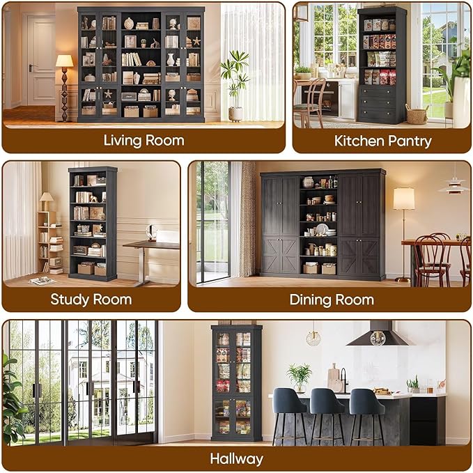 70.8" Tall Black Bookshelf with Glass Doors, Farmhouse Modular Bookcase with 6-Tier Adjustable Shelves, Large Storage Cabinet for Home Office, Living Room