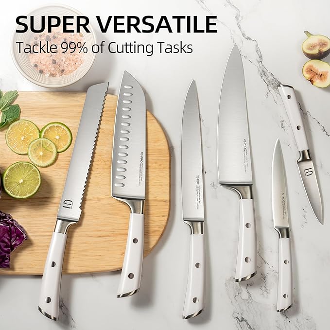 Knife Set, Premium 15 Piece Japanese High Carbon Stainless Steel Knives Set for Kitchen with Block and Sharpener, Razor Sharp Kitchen Knife Block Sets with Ergonomic Full-tang Handle, White