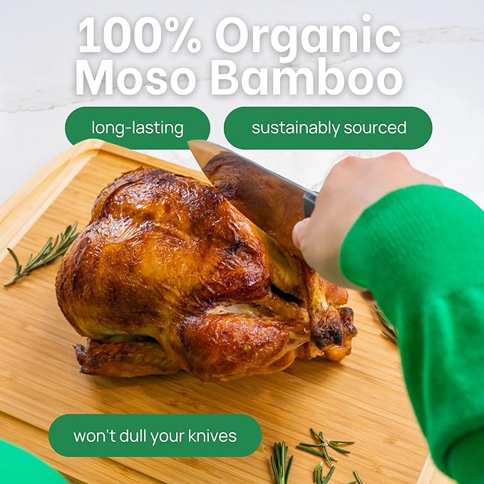 Organic Extra Large Bamboo Cutting Board with Lifetime Replacements –18 x 12 Inch Reversible Wooden Kitchen Chopping Board with Juice Groove – Used to Chop, Slice, Carve & Serve – by Greener Chef