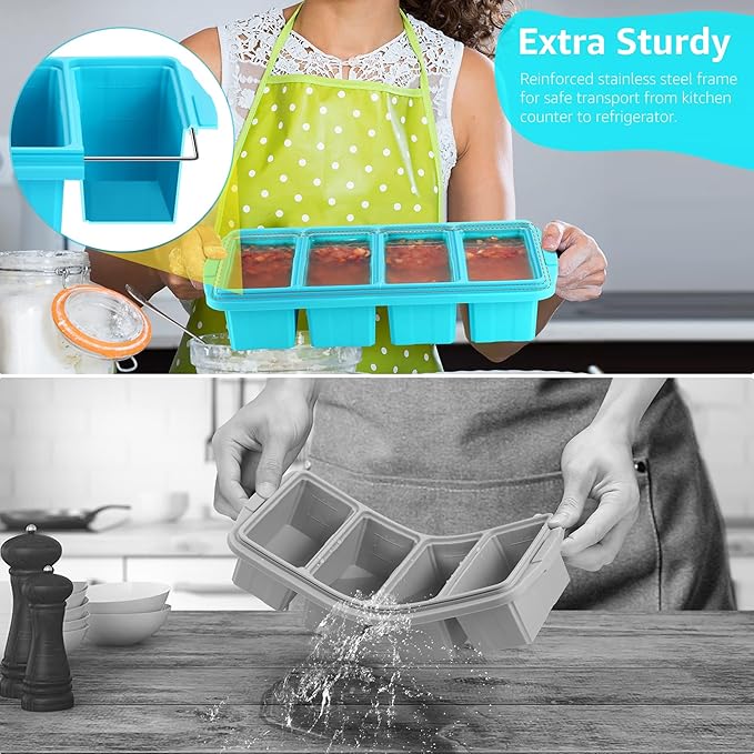 Silicone Freezer Tray With Lid - Silicone Freezer Food Molds- Large Ice Cube Tray,4-Pack Silicone Freezer Container,Freeze & Store Soup, Sauce, Broth,Leftovers - Makes 4 Perfect 1 Cup