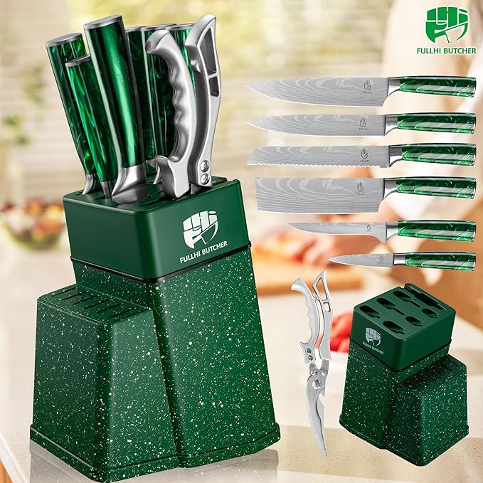 FULLHI 8pcs block Knife Set,chef's Knves Set with Block and Sharpener, Kitchen Knife Set,Multi-colour Handle, Gifts for Men Women