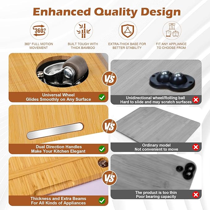 Joy&Grace Appliance Slider for Kitchen Appliances 360° Rolling Sliding Tray for Coffee Maker Countertop, Bamboo Coffee Pot Slider Rolling Tray (Natural, Large 16"x13")